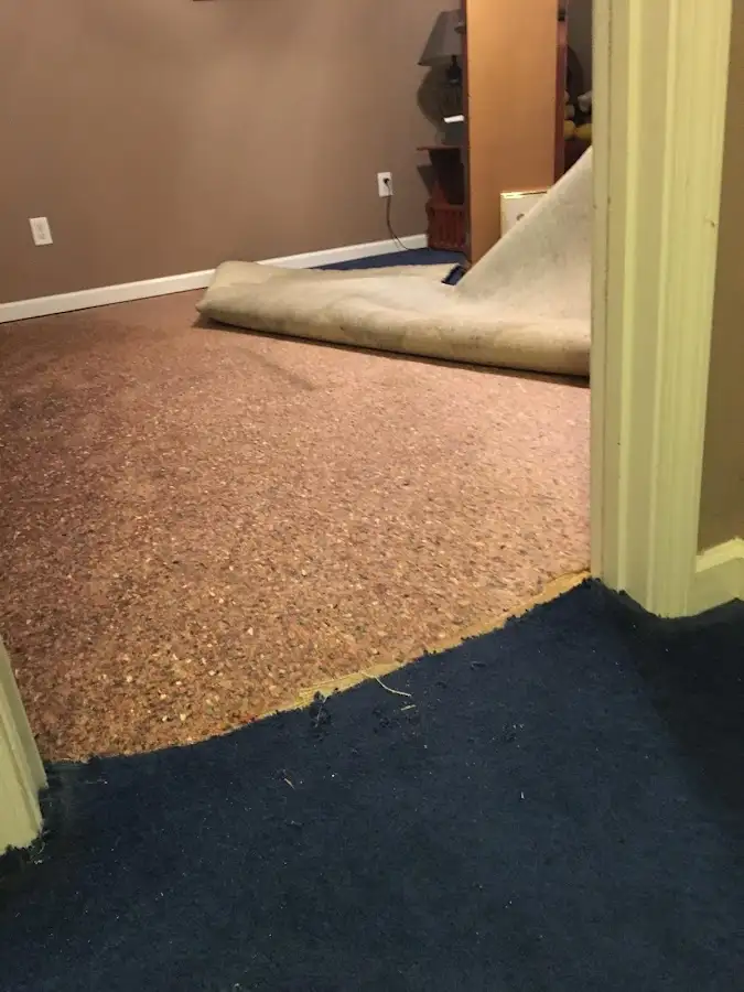 Carpet pad removal revealing water damage during Water Mitigation Services in Texarkana